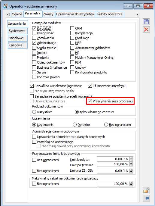 Przerywanie sesji programu Comarch ERP XL