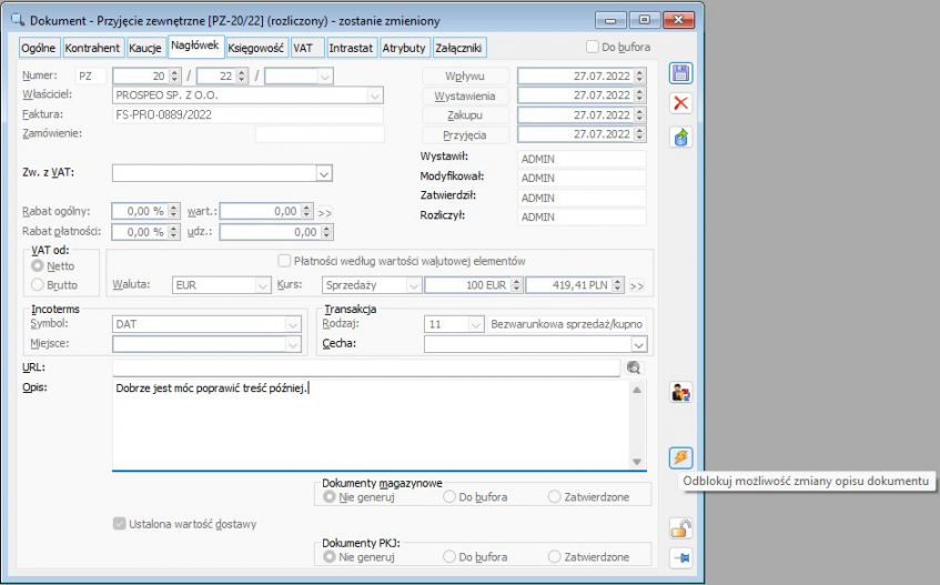 Formatka systemu Comarch ERP XL