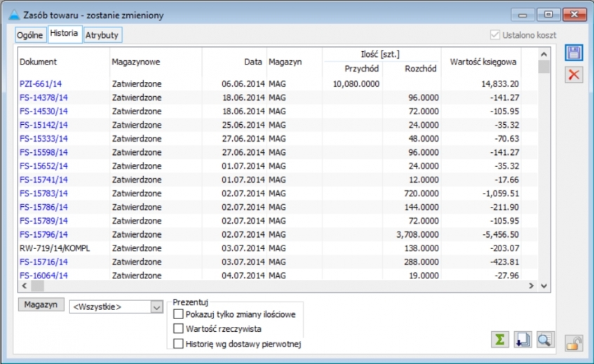 Historia towaru raport standardowy ERP XL