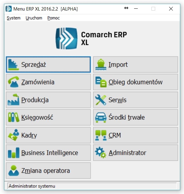 Menu startowe ERP XL w wersji 2016 z listą dostępnych na danym komputerze modułów