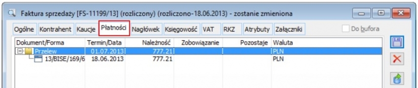 Płatność widoczna na dokumencie Faktury Sprzedaży rozliczona z zapisem bankowym