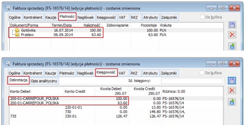 Liczba pozycji na płatności musi być równa liczbie pozycji na rozrachunkach