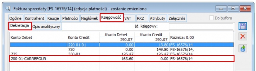 Predekretacja z ręcznie dodaną pozycją rozrachunku