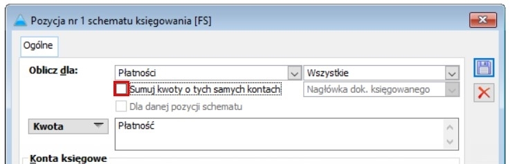 Parametr [Sumuj kwoty o tym samych kontach] pozostaje niezaznaczony dla płatności