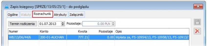 Zapis księgowy do faktury sprzedaży rozrachowany z innym zapisem księgowym