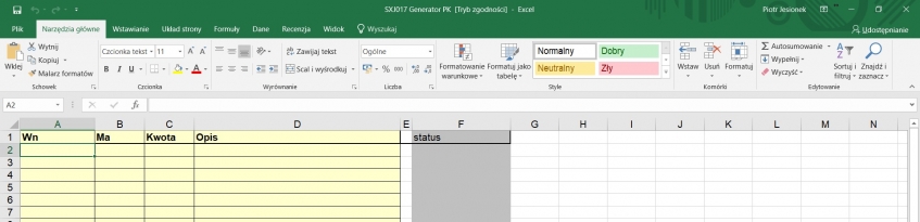 Format danych Excel dl generowania PK