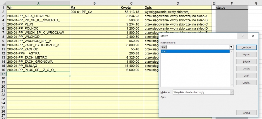 SXJ017 przykładowe pozycje dekretu w arkuszu Excel