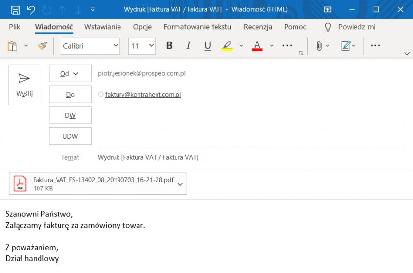 Faktura elektroniczna jako załącznik w e-mail