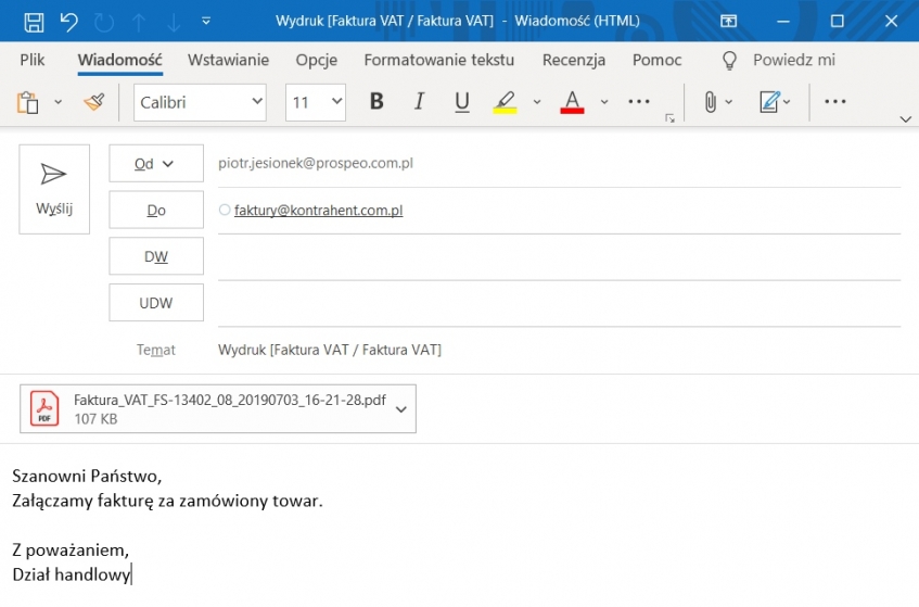 Faktura elektroniczna jako załącznik w e-mail
