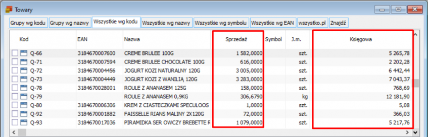 Zasoby magazynowe na liście towarów