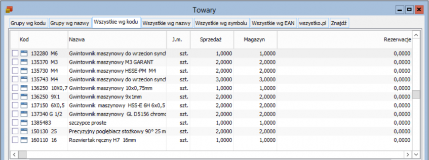 Stan handlowy i magazynowy na liście towarów w ERP XL