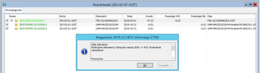Błąd - Rozliczane dokumenty różnią się walutą