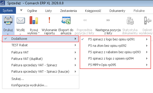 Sposób wyświetlania listy niestandardowych wydruków na fakturze sprzedaży opatrzonych w sygnaturę