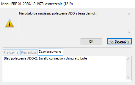 Błąd - nie udało się nawiązać połączenia ADO z bazą danych
