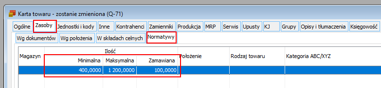 Normatywy na kartotece towarowej