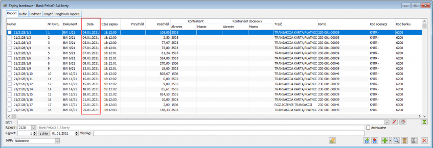 Zapisy bankowe z różnych dni w jednym raporcie