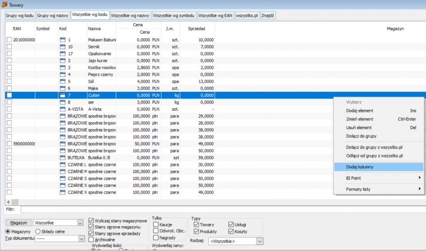 Jak dodawać własne kolumny na listach - lista towarów