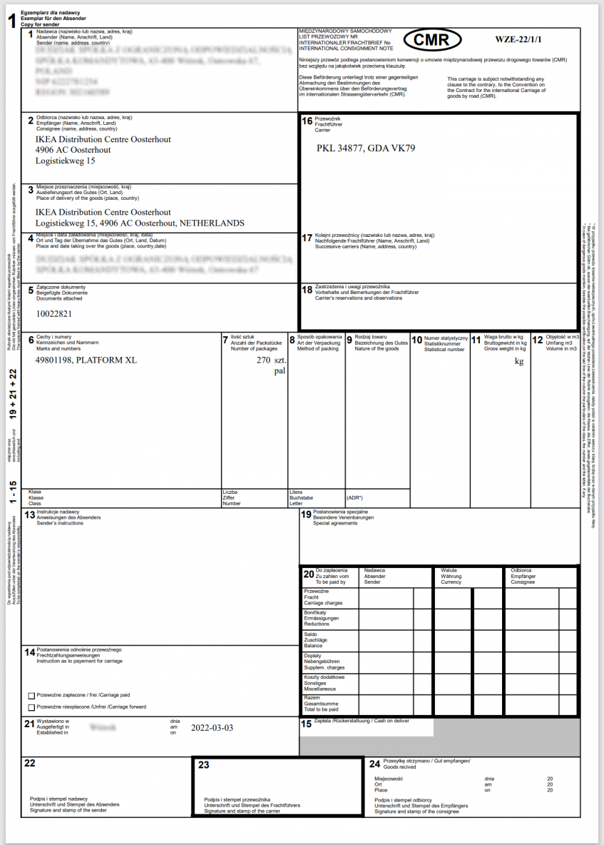 Wydruk CMR dla Comarch ERP XL