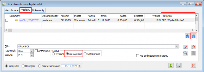 Lista nierozliczonych płatności - kolumna Proforma