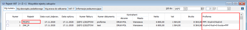 Rejestr VAT kolumna Proforma