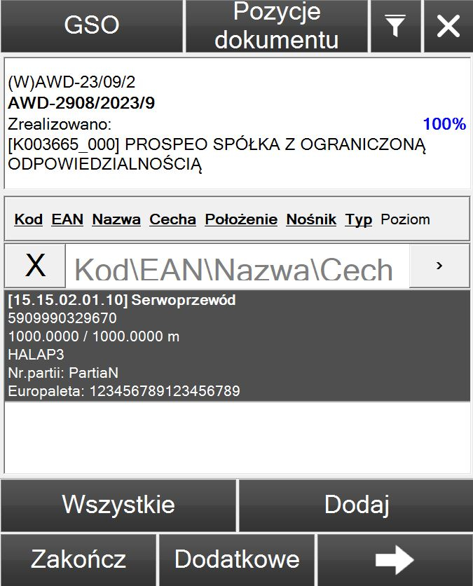 sxz126 Zastosowanie standardów gs1 - widok zrealizowanej pozycji w aplikacji Comarch Magazynier